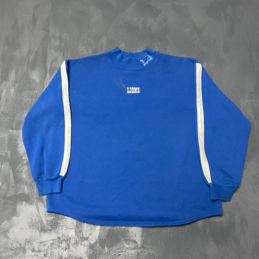 Vintage Majestic Detroit Lions Sweatshirt XL Blue 90s Good Mock Neck Striped